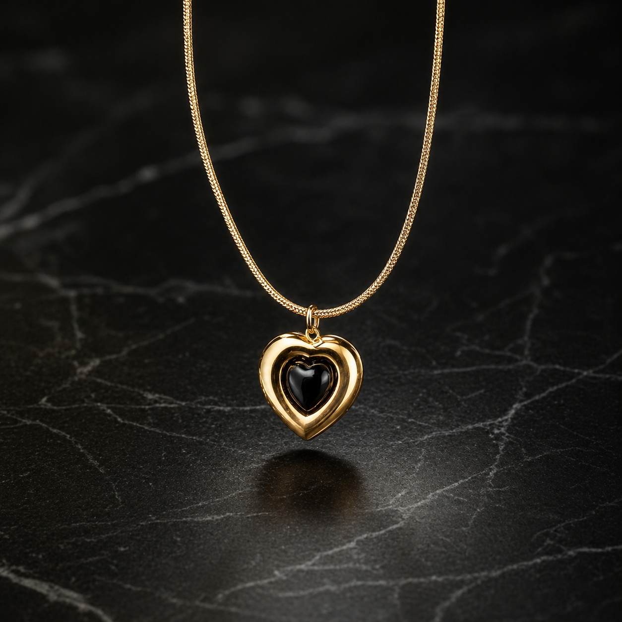 Gold Stainless Steel Heart Necklace with Black Stone