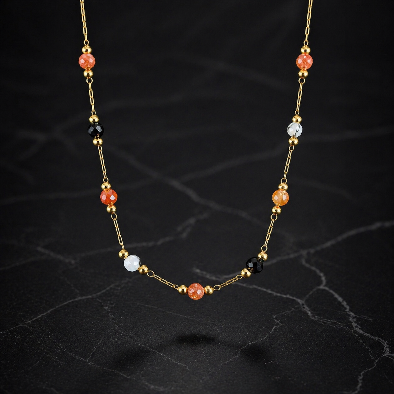 Gold Stainless Steel Beaded Necklace - Multi-Color