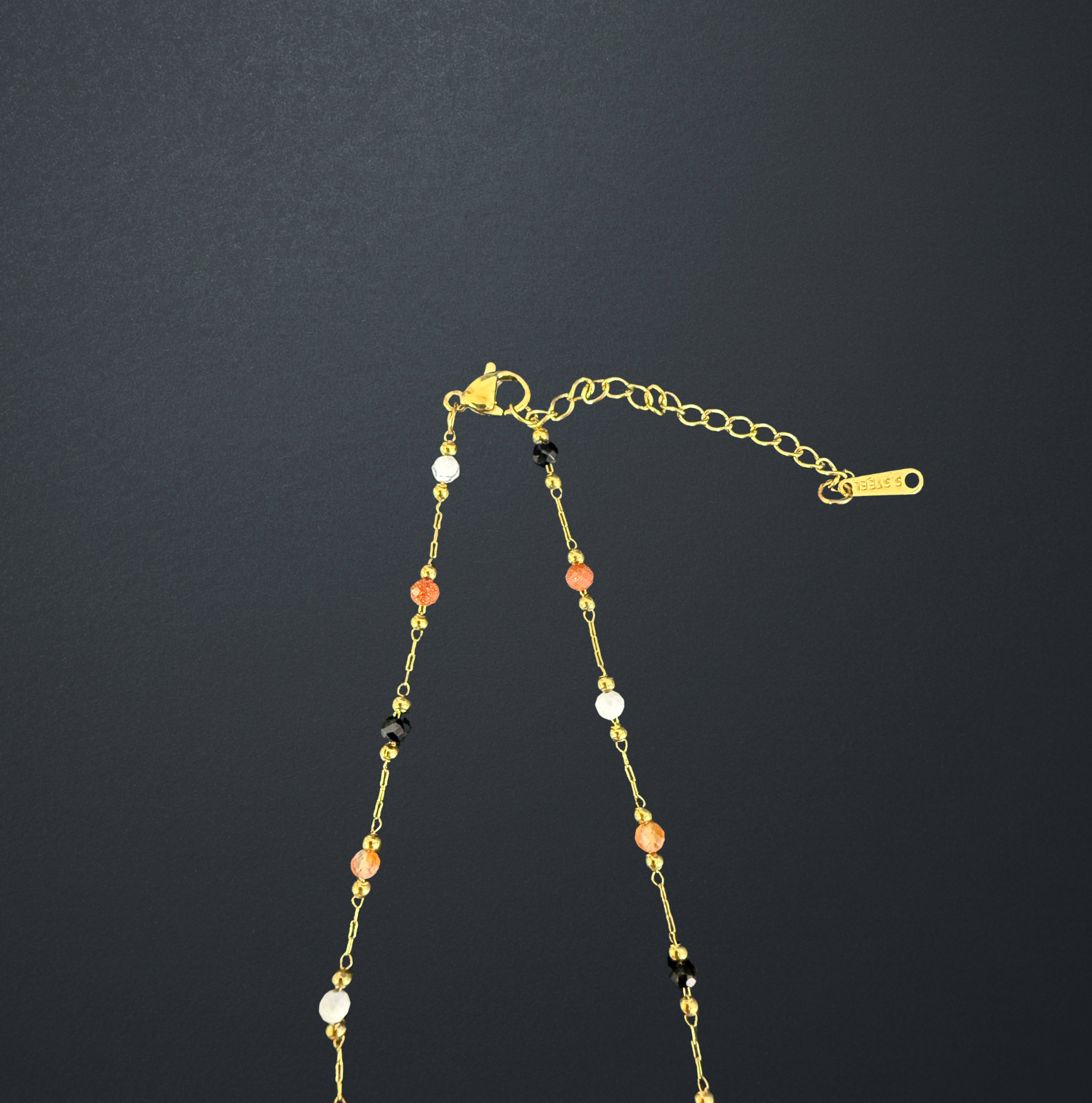 Gold Stainless Steel Beaded Necklace - Multi-Color image 3